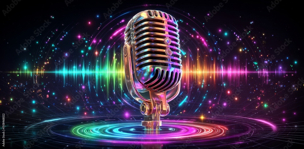 Poster image composed of a retro microphone generated digitally and placed on a stand