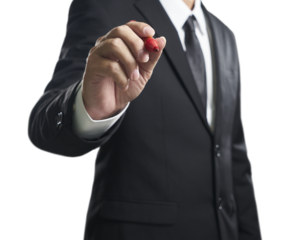 Businessman writing with red marker on transparent background