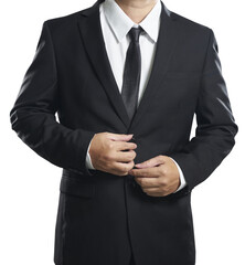 Businessman buttoning suit jacket on transparent background