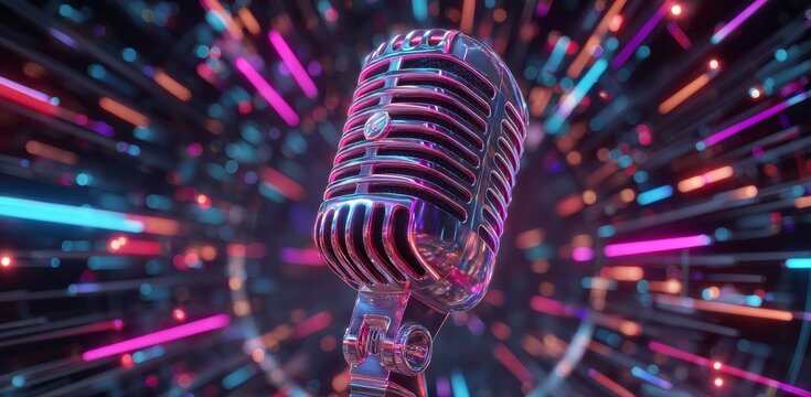 Digitally generated retro microphone sits on a stand in an image composite