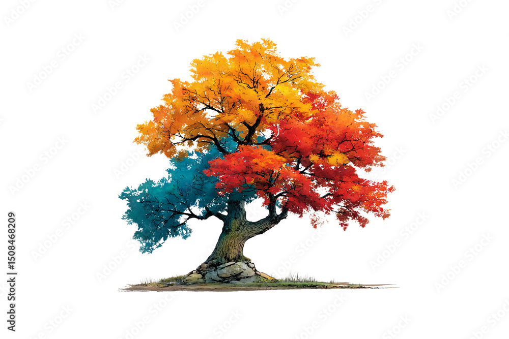 Poster mature oak tree displaying full spectrum autumn colors from teal to red, isolated on a transparent b