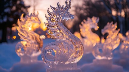 intricate ice carvings of mythical creatures in a twilight winter wonderland, Generative AI