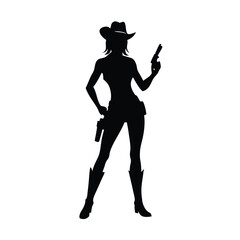 Obraz premium A vector silhouette of a cowgirl standing confidently with a pistol in her hand