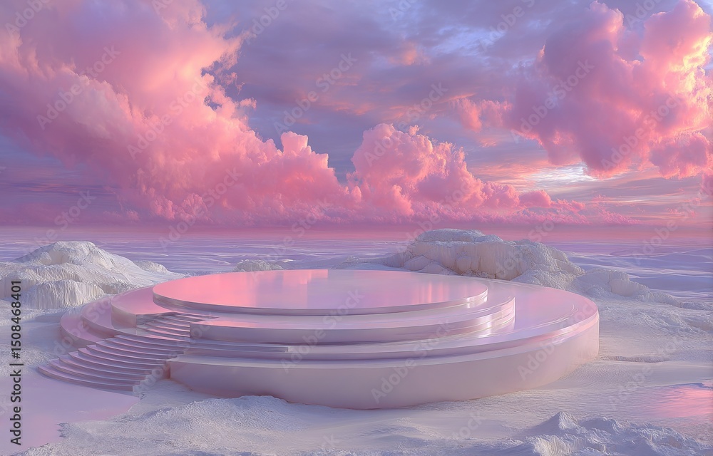 Poster a podium for product display is situated within an abstract winter landscape in this 3d rendering