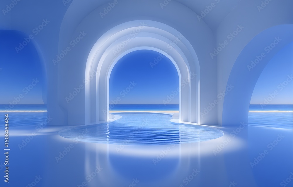 Poster a geometric form is set against the backdrop of an abstract summer landscape, complete with a beach 