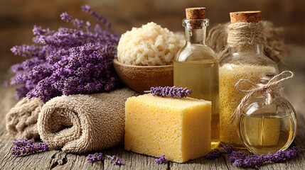 Spa composition with towels, flowers, candles and cosmetics on table in salon, spa background	