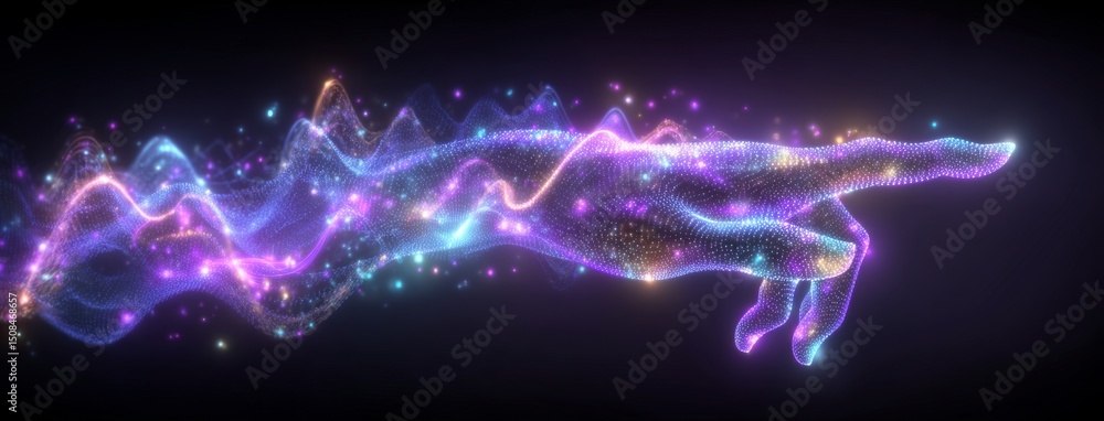 Poster the concept of the metaverse universe is a digital neural network where a businessman's hand touches