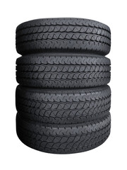 Four black tires stacked on transparent background
