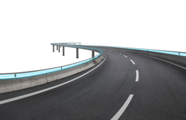 Futuristic highway with glowing blue lights winding through transparent background