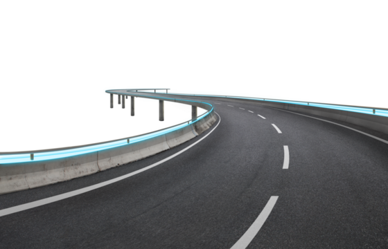 Futuristic highway with glowing blue lights winding through transparent background - Powered by Adobe