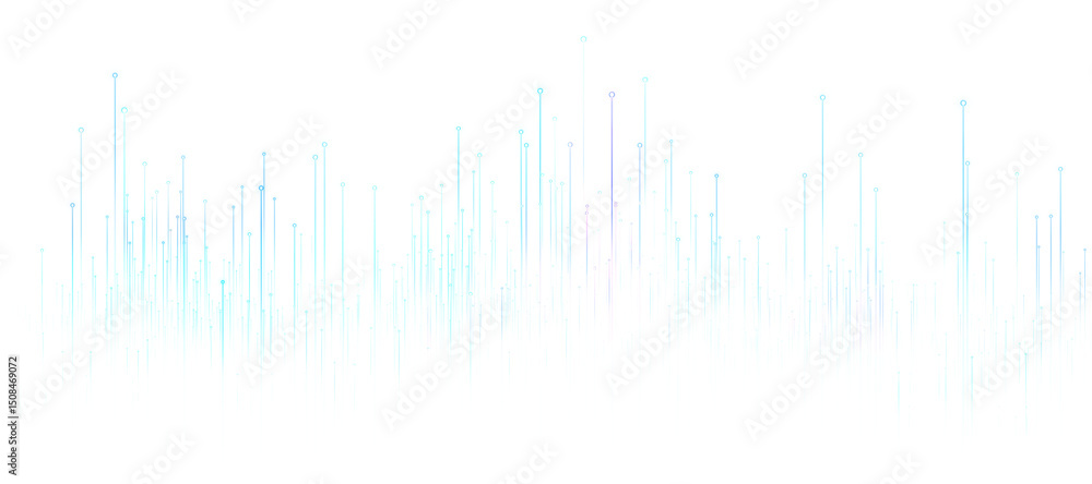 Poster glowing vertical lines with dots creating futuristic data flow on transparent background