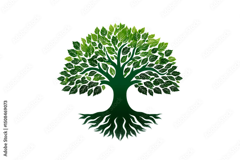 Poster stylized green tree logo with detailed leaves and visible root system in symmetrical design, isolate