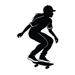A vector silhouette of a girl skating on a skateboard. She is captured in a dynamic, crouching pose