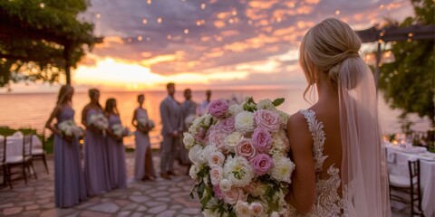 Romantic Sunset Beach Wedding Ceremony, Bride Holding Bouquet with Bridesmaids in Background