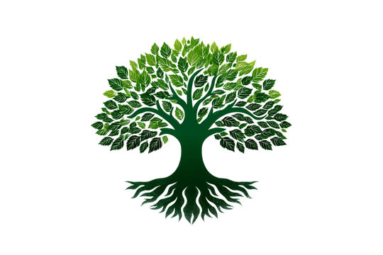 Stylized green tree logo with detailed leaves and visible root system in symmetrical design, isolated on a transparent background