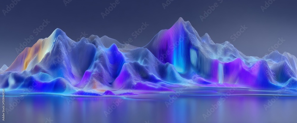 Poster a 3d rendering of an abstract panoramic background featuring a surreal fantasy landscape with lake w