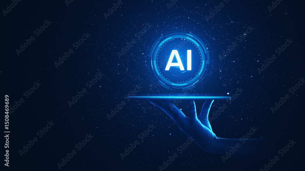 Poster hand hold digital ai artificial intelligence and machine learning ai technology with computer data n