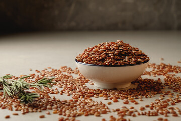 Organic brown rice displayed in a rustic setting for a healthy lifestyle