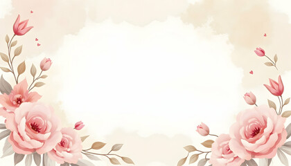 Pink Floral Frame with Watercolor Background