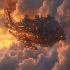 Detailed steampunk airship amongst a sunset sky.