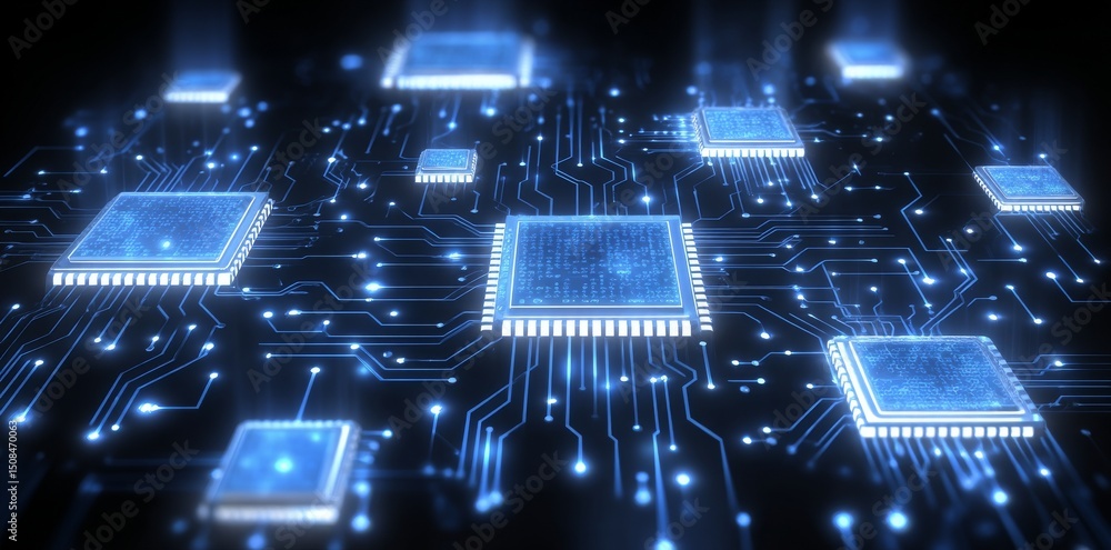 Poster a creative hologram of a wide chip circuit that glows is set against a dark background, symbolizing 