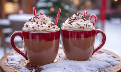 hot chocolate with whipped cream and candy canes served in a snow-dusted outdoor cafe, Generative AI