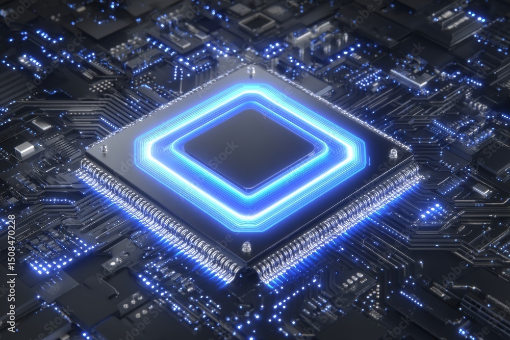 Poster a hologram of a glowing polygonal chip circuit on a dark background represents a creative concept of