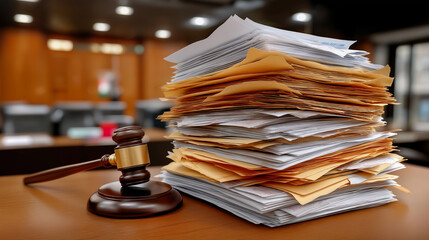 Courtroom tools with gavel and legal documents