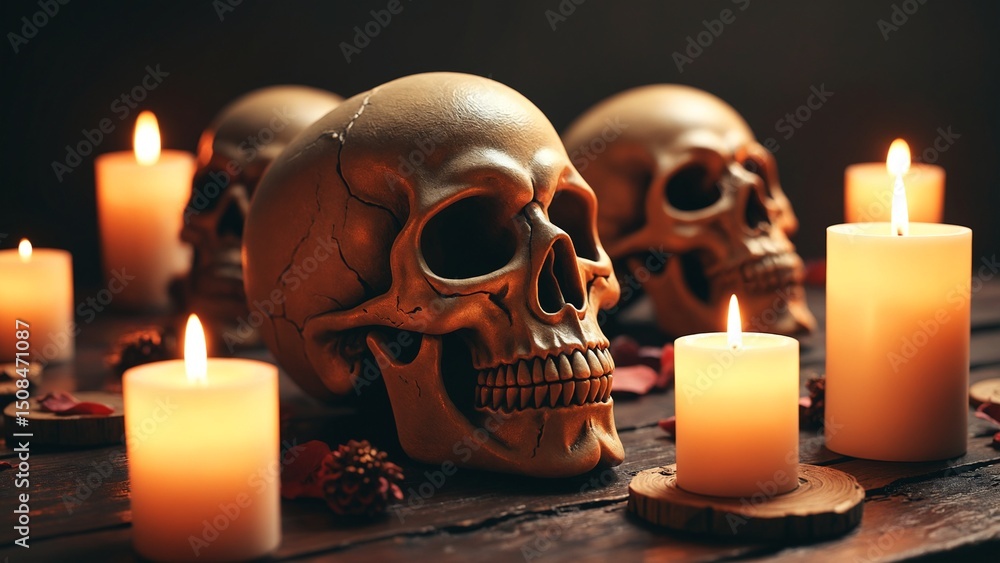Poster eerie skulls illuminated by candles in a dark mysterious setting