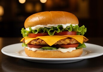 Juicy Chicken Burger with Melted Cheese, Crisp Lettuce, and Fresh Tomatoes on a Toasted Bun