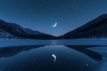 crescent moon reflecting on a still, frozen lake under a starlit sky, Generative AI