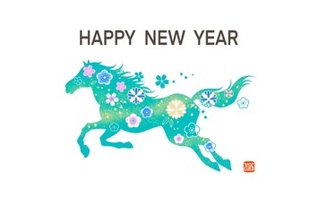 年賀状2026　午年　馬のイラストのおしゃれな年賀状　和柄　花柄