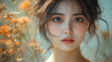 Fototapeta premium Portrait of a Beautiful Taiwanese Woman Surrounded by Delicate Flowers in a Natural Setting