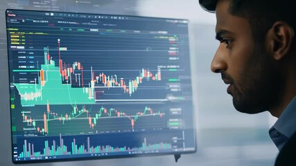 Professional businessman concentrates on analyzing financial trading charts and market data displayed on large computer screen in modern office - Powered by Adobe