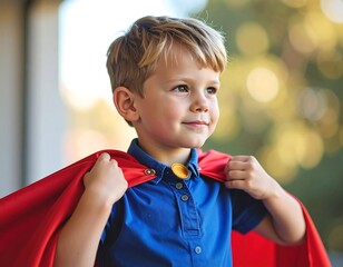 Young boy, hopeful expression, wearing red cape