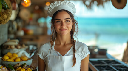 Young female chef in white uniform and apron stands smiling in a rustic beachside kitchen with tropical produce and ocean visible in the bright turquoise background