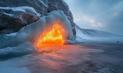 Fototapeta premium Icicles forming a curtain over the mouth of a glowing ice cave in the mountains, Generative AI