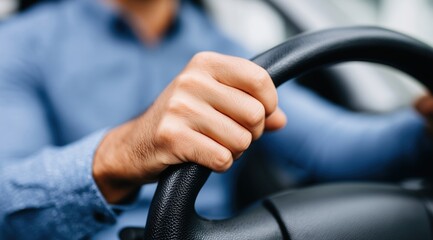 Focused Driver Gripping the Steering Wheel