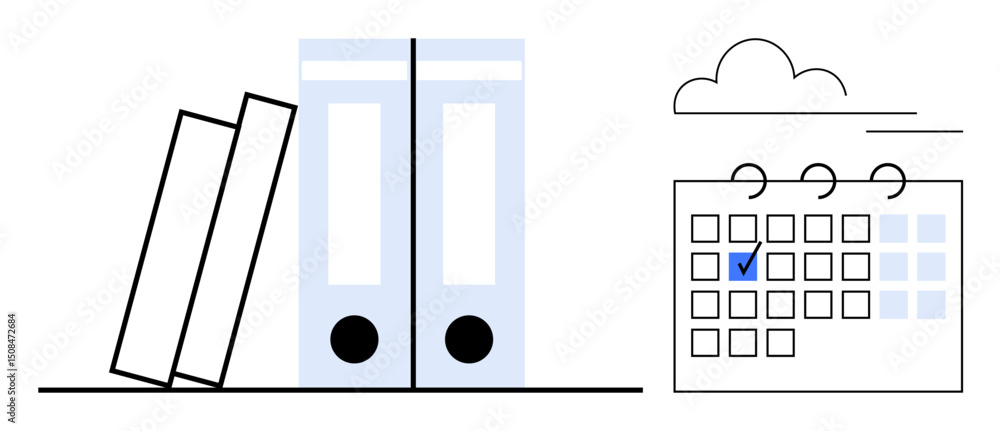 Poster two binders placed near a calendar featuring a marked date under a simple silhouette of a cloud. ide