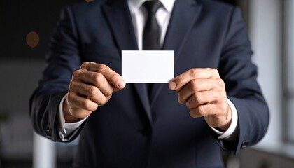 Fototapeta premium A man in a classic suit showing a blank business card with both hands, neutral background, business portrait without showing the face.
