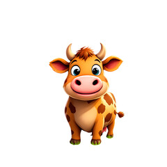 A cartoon cow with brown spots and a pink nose standing on a small patch of green grass on black isolated with white background