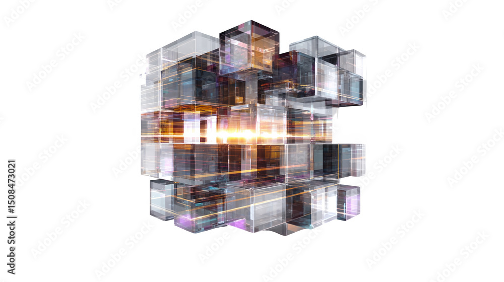 Poster complex structure made of interconnected transparent cubes is glowing from inside on a transparent b