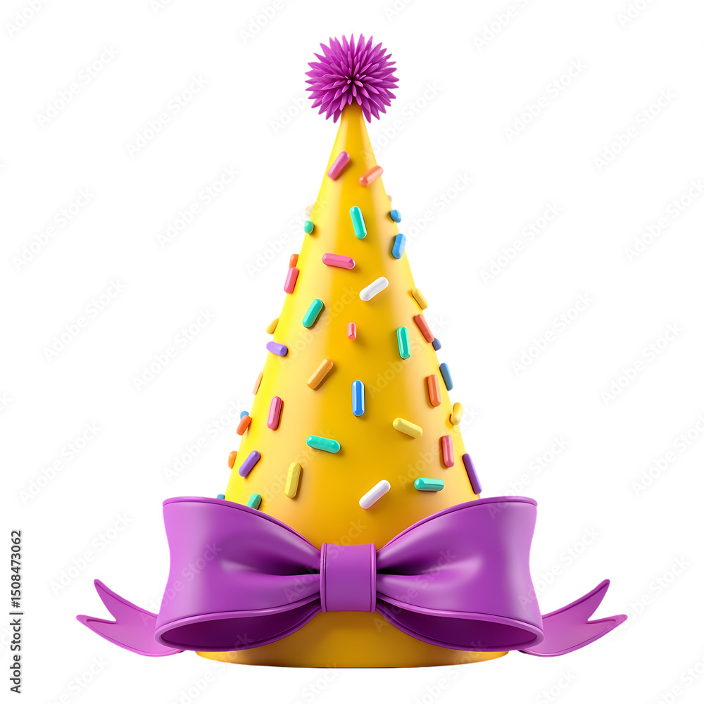 Poster a yellow party hat with colorful sprinkles and a purple bow on a black background in a close up view