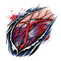 sketch of tattoo on white background. torn skin. vessels