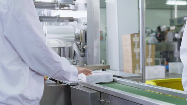 Prescription labels being printed in a modern pharmacy during Automated biopharmaceutical manufacturing packaging line for pharmaceutical products in a factory setting Factory healthcare products