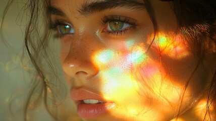 Portrait of a Girl Looking Back Softly with Colorful Abstract Light Waves in the Background