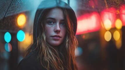 Portrait of a Girl Standing in the Rain Under an Umbrella with Colors and City Lights in Background