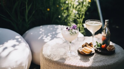 Enjoying floral cocktails and tapas in a cozy garden lounge during a summer cocktail party at home with flickering lanterns