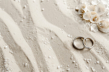 beautiful background with two wedding rings on white sand, the concept of a wedding trip with a place for the text