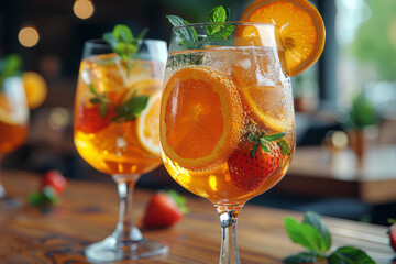 two orange cold cocktails with ice and orange slices and strawberries on the bar in beautiful glasses, aperol close-up